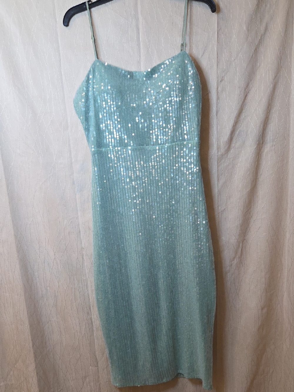 Sequin Spaghetti Strap Midi Dress in Light Aqua